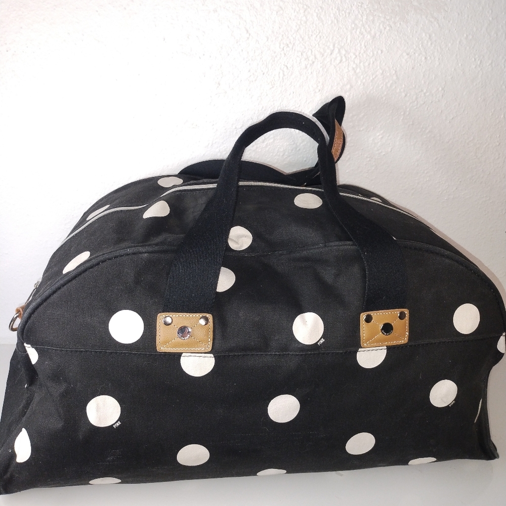 Vintage PINK Victoria's Secret Black and White Polka Dot Large Duffle Bag - Picture 10 of 16